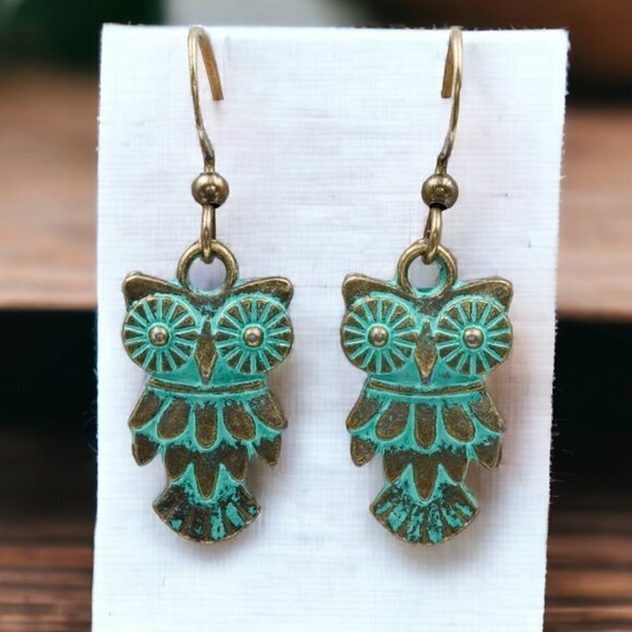 Patina Owl Drop Earrings - Picture 1 of 5